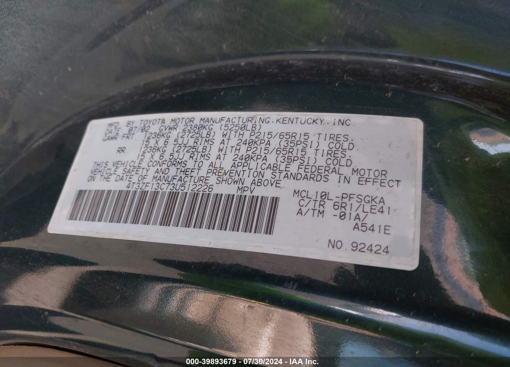 2003 TOYOTA SIENNA XLE VIN: 4T3ZF13C73U512226