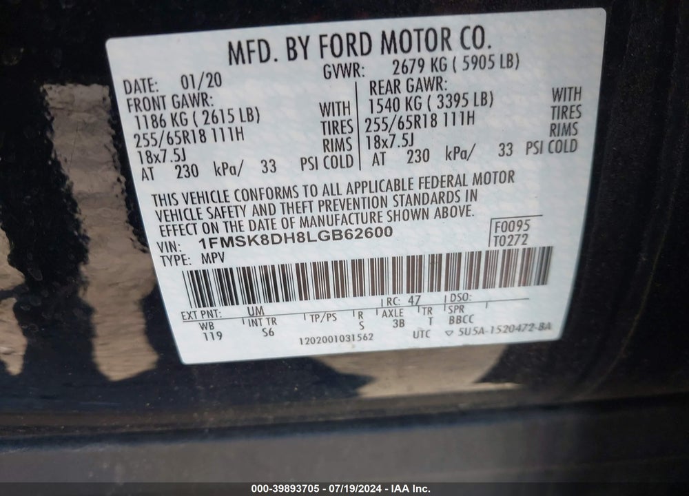 2020 FORD EXPLORER VIN: 1FMSK8DH8LGB62600
