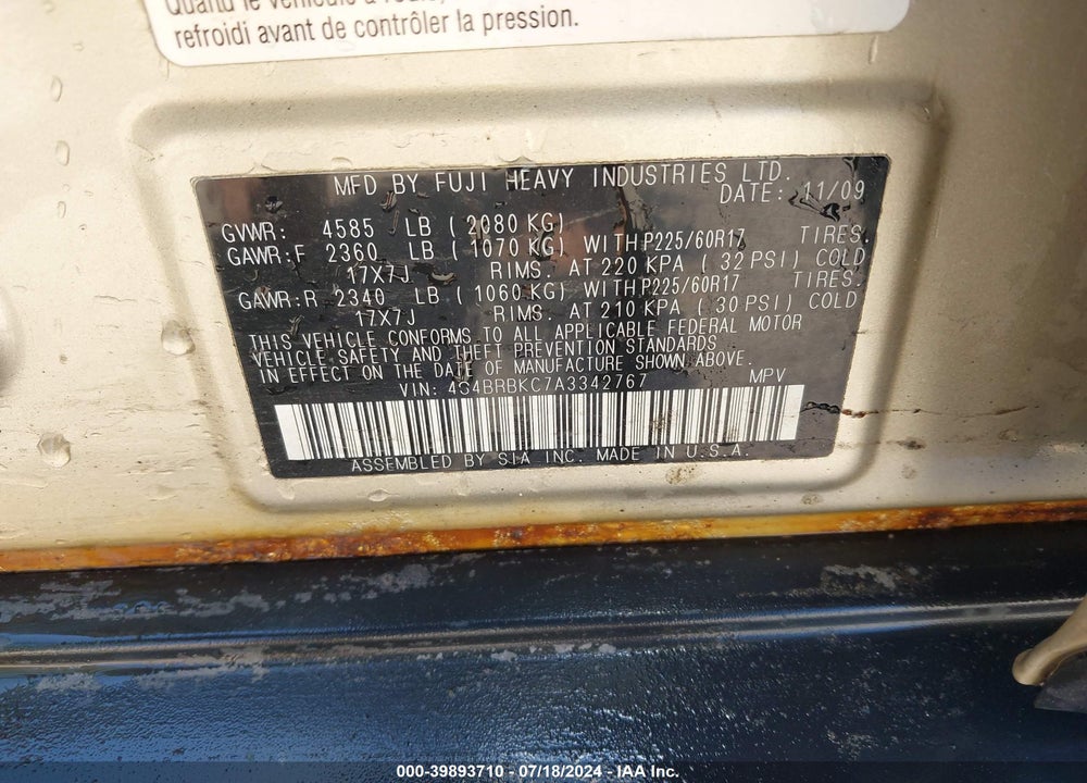 2010 SUBARU OUTBACK VIN: 4S4BRBKC7A3342767