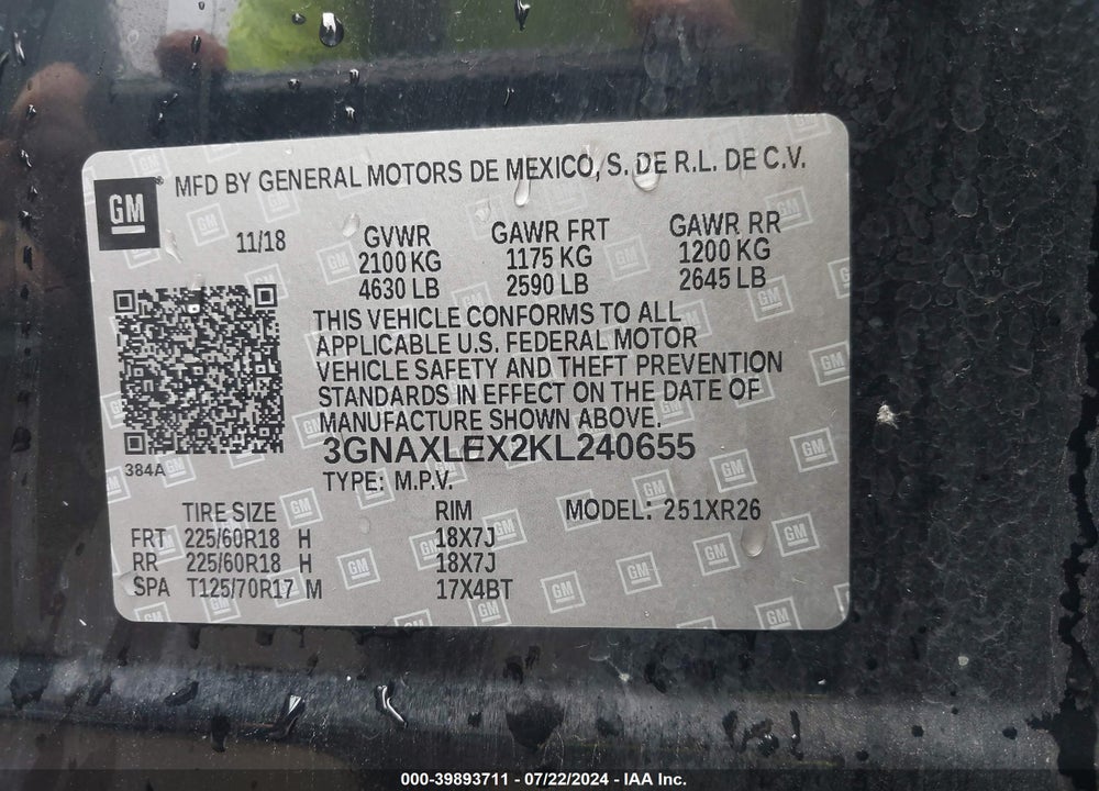 2019 CHEVROLET EQUINOX LT VIN: 3GNAXLEX2KL240655