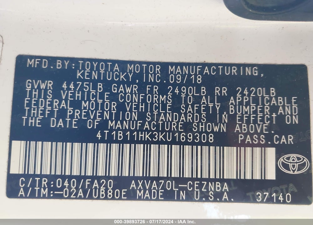 2019 TOYOTA CAMRY LE VIN: 4T1B11HK3KU169308