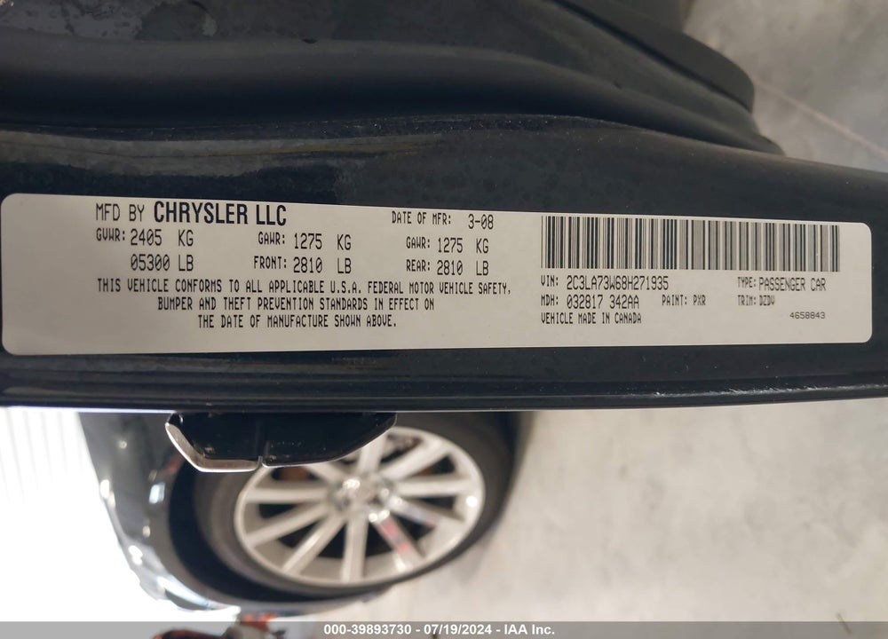 2008 CHRYSLER 300C SRT8 VIN: 2C3LA73W68H271935