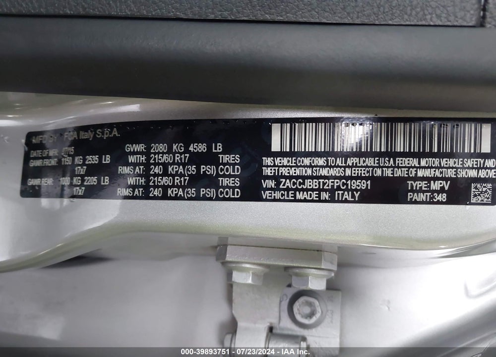 2015 JEEP RENEGADE LATITUDE VIN: ZACCJBBT2FPC19591