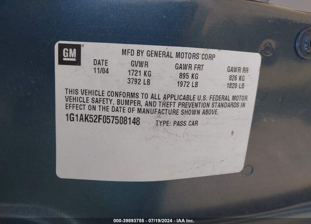 2005 CHEVROLET COBALT VIN: 1G1AK52F057508148