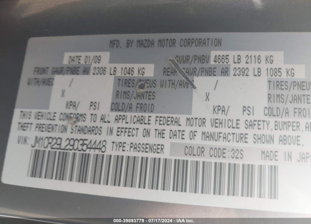 2009 MAZDA 5 SPORT VIN: JM1CR29L290354448
