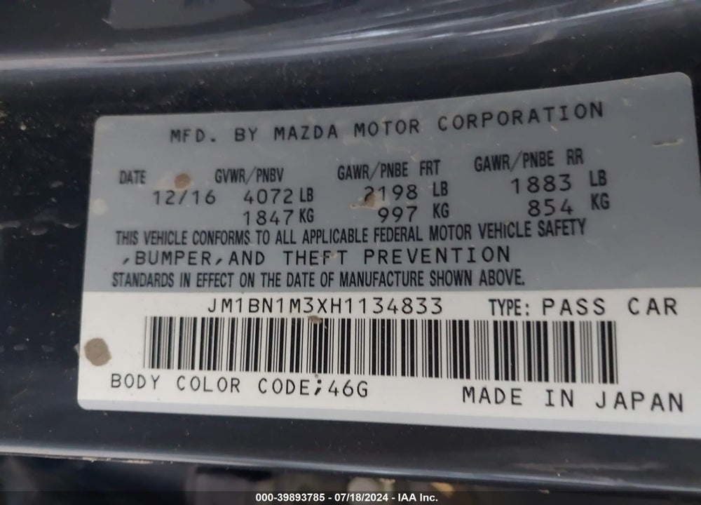2017 MAZDA 3 GRAND TOURING VIN: JM1BN1M3XH1134833