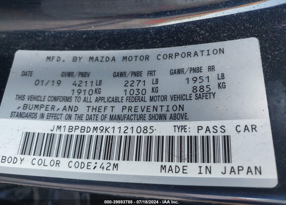 2019 MAZDA 3 PREFERRED PACKAGE VIN: JM1BPBDM9K1121085