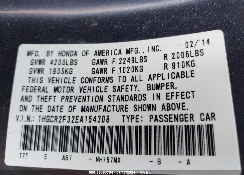 2014 HONDA ACCORD LX VIN: 1HGCR2F32EA154308