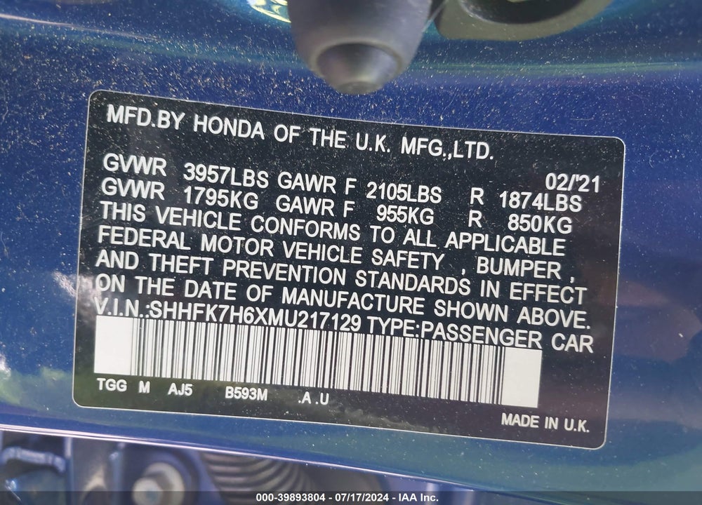 2021 HONDA CIVIC EX VIN: SHHFK7H6XMU217129
