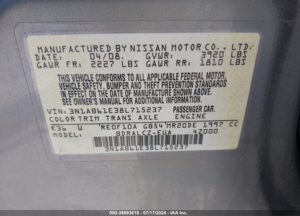 2008 NISSAN SENTRA 2.0 VIN: 3N1AB61E38L715237