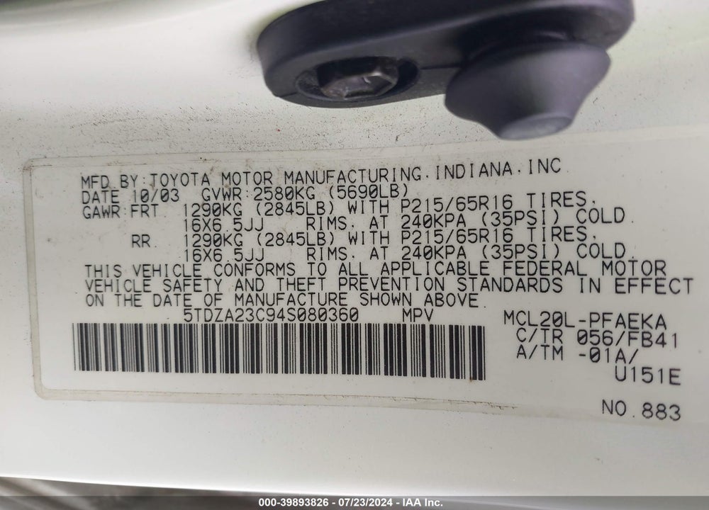 2004 TOYOTA SIENNA LE VIN: 5TDZA23C94S080360