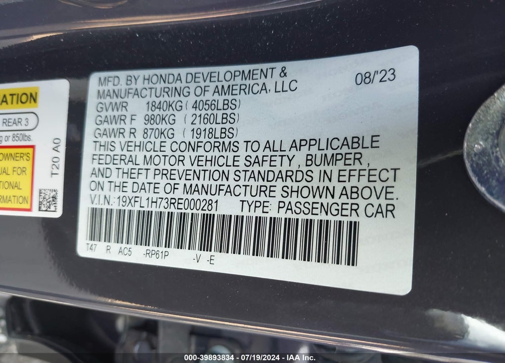 2024 HONDA CIVIC EX-L VIN: 19XFL1H73RE000281