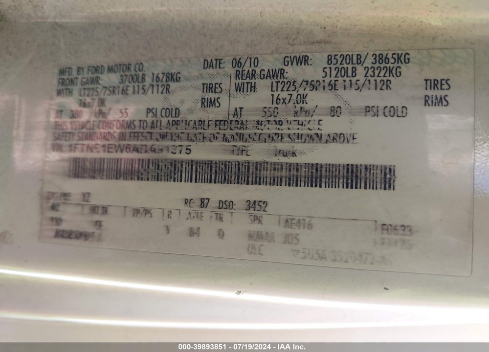 2010 FORD E-150 COMMERCIAL/RECREATIONAL VIN: 1FTNE1EW6ADA91375
