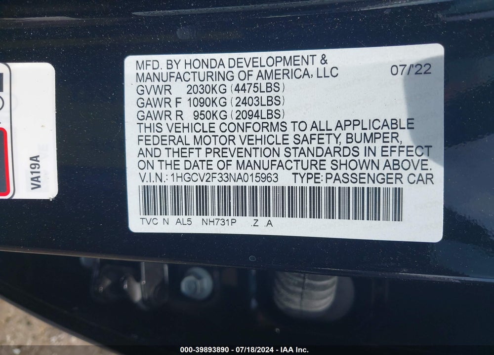 2022 HONDA ACCORD SPORT 2.0T VIN: 1HGCV2F33NA015963