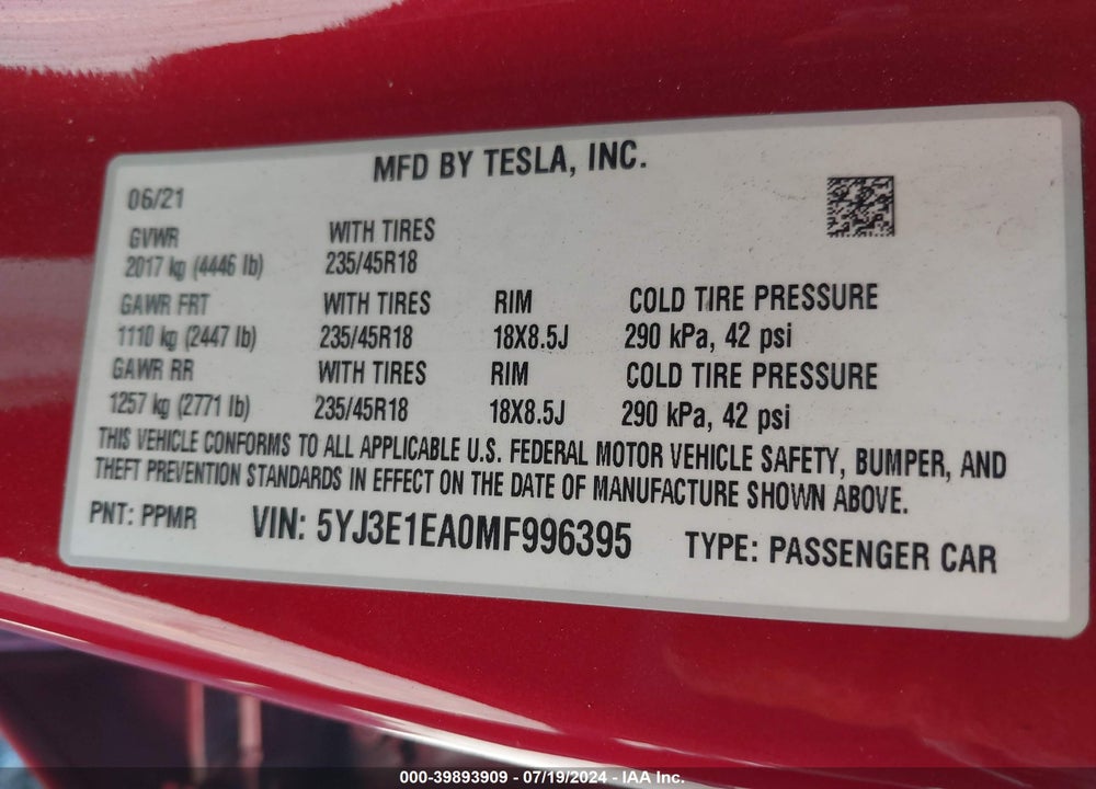 2021 TESLA MODEL 3 STANDARD RANGE PLUS REAR-WHEEL DRIVE VIN: 5YJ3E1EA0MF996395