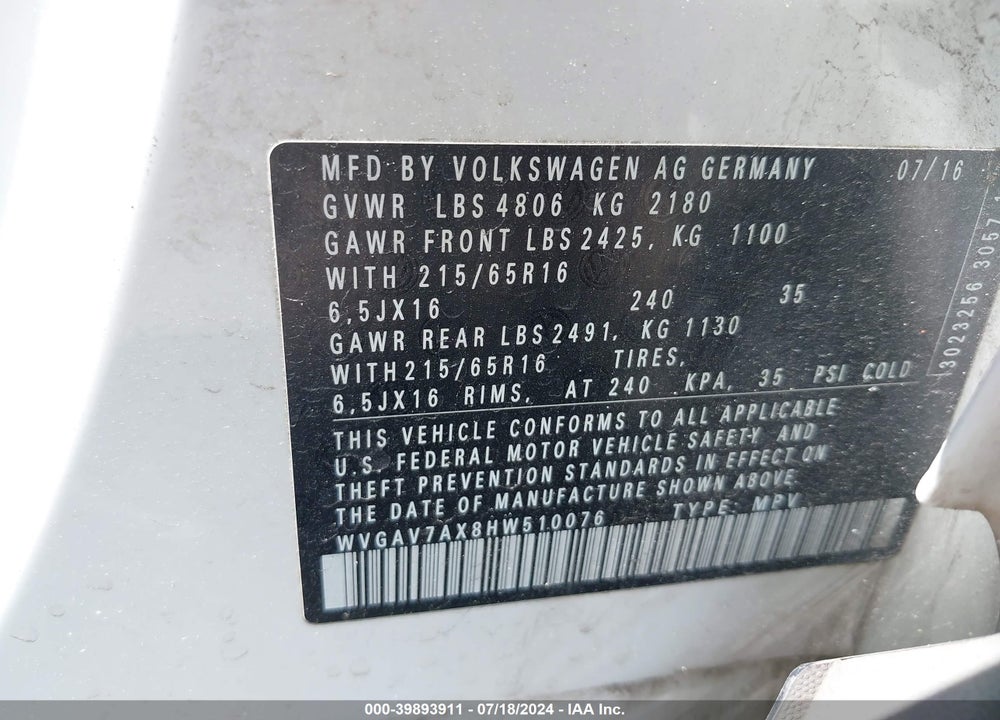 2017 VOLKSWAGEN TIGUAN 2.0T S VIN: WVGAV7AX8HW510076