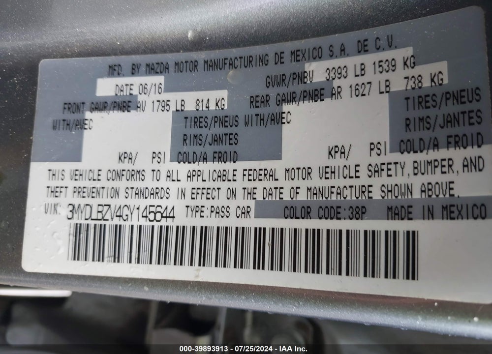2016 SCION IA VIN: 3MYDLBZV4GY145644
