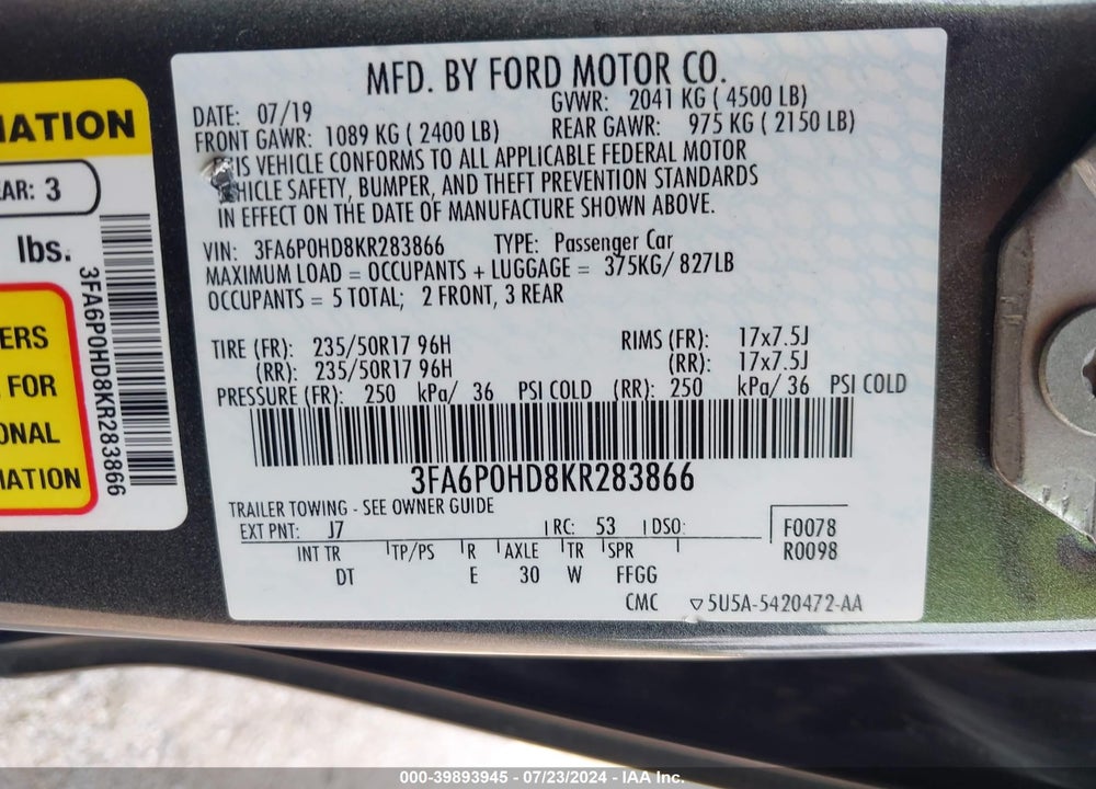 2019 FORD FUSION SE VIN: 3FA6P0HD8KR283866