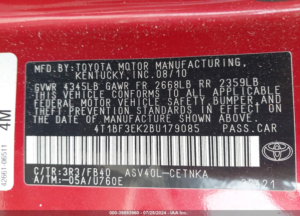 2011 TOYOTA CAMRY LE VIN: 4T1BF3EK2BU179085