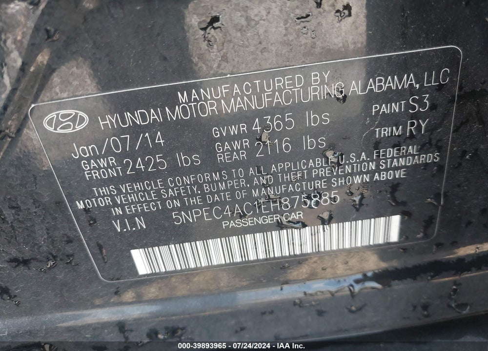2014 HYUNDAI SONATA SE VIN: 5NPEC4AC1EH875885