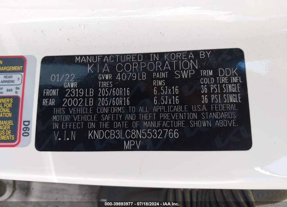 2022 KIA NIRO VIN: KNDCB3LC8N5532766