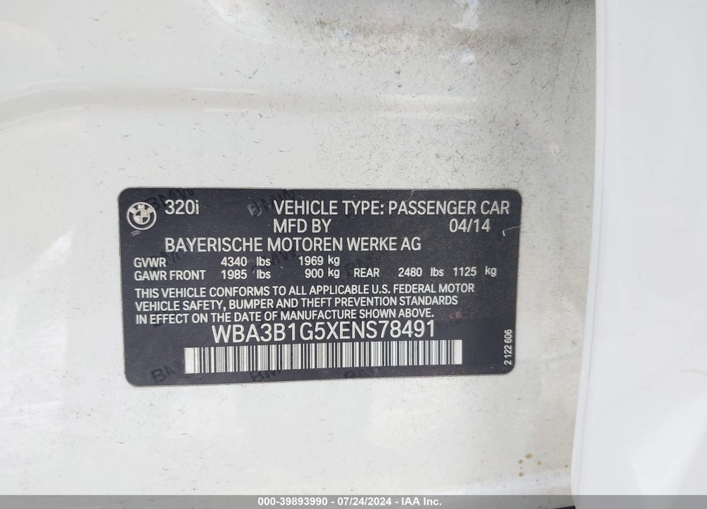 2014 BMW 320I VIN: WBA3B1G5XENS78491