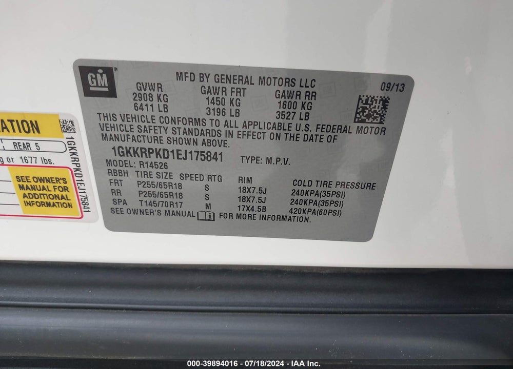2014 GMC ACADIA SLE-2 VIN: 1GKKRPKD1EJ175841