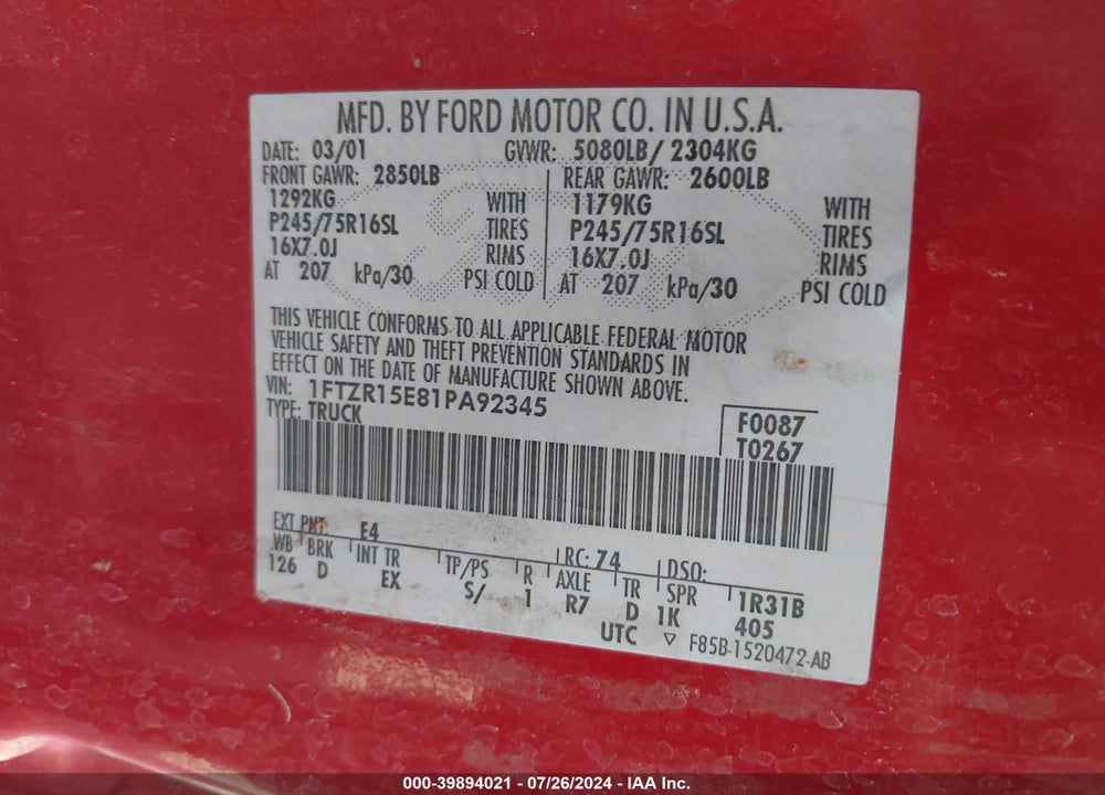 2001 FORD RANGER VIN: 1FTZR15E81PA92345