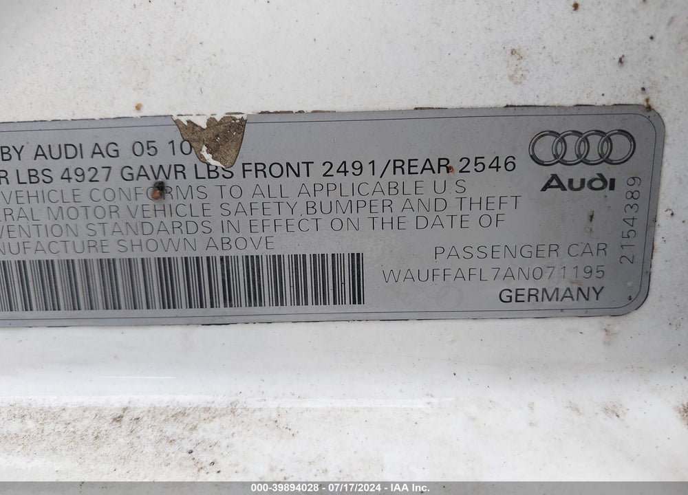 2010 AUDI A4 2.0T PREMIUM VIN: WAUFFAFL7AN071195