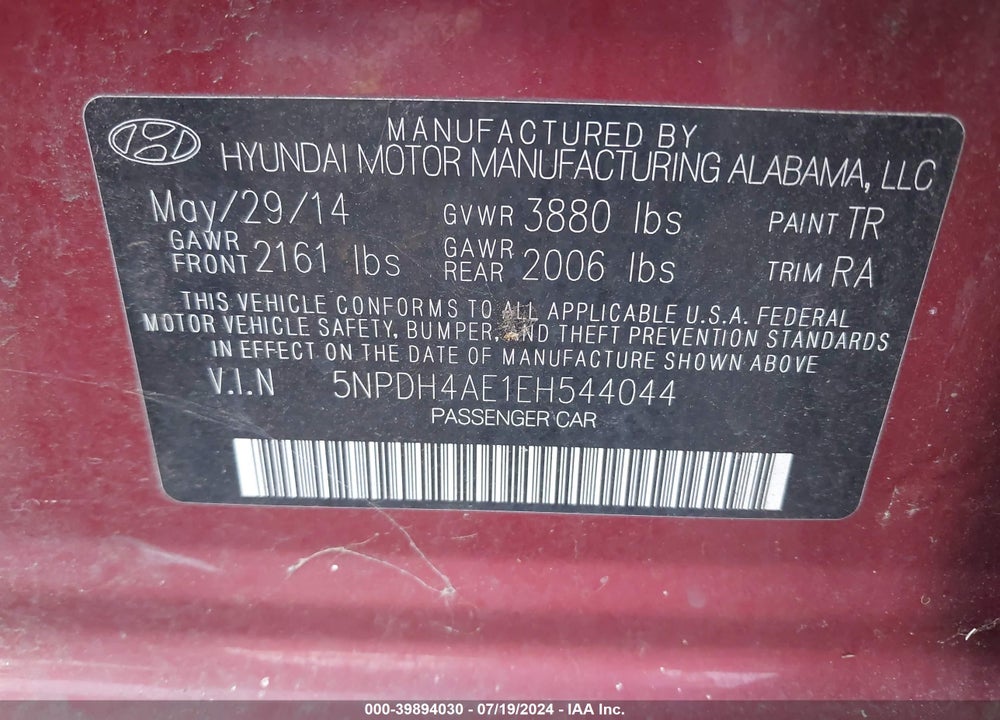 2014 HYUNDAI ELANTRA SE VIN: 5NPDH4AE1EH544044
