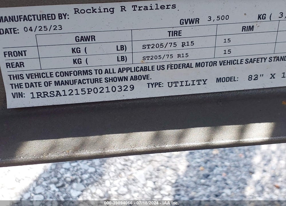 2023 UTILITY TRAILER VIN: 1RRSA1215P0210329