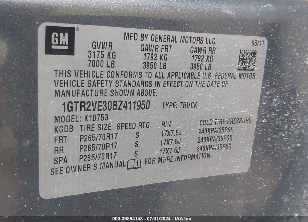 2011 GMC SIERRA 1500 SLE VIN: 1GTR2VE30BZ411950