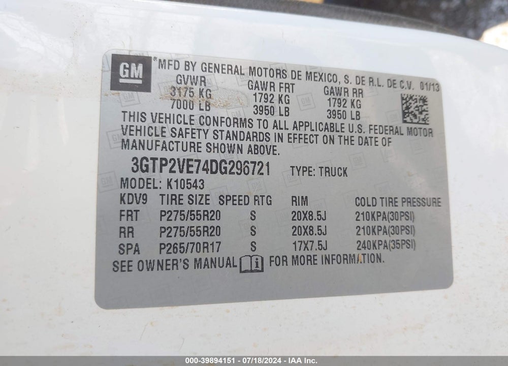 2013 GMC SIERRA 1500 SLE VIN: 3GTP2VE74DG296721