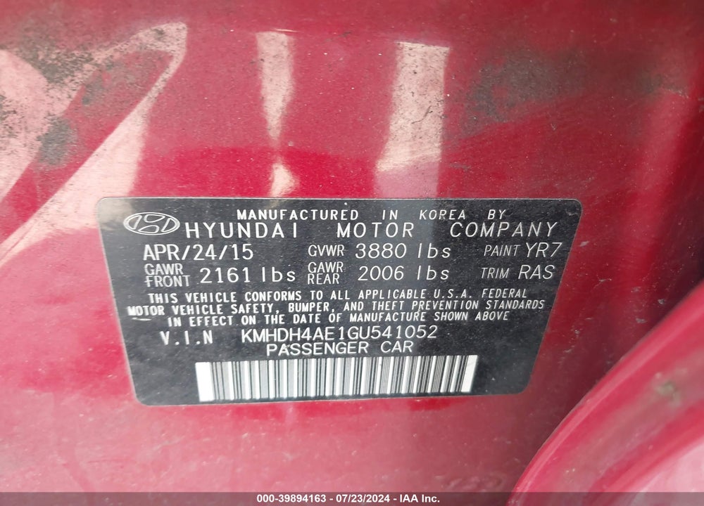 2016 HYUNDAI ELANTRA SE VIN: KMHDH4AE1GU541052