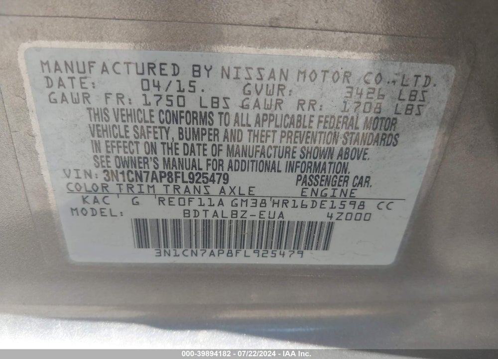 2015 NISSAN VERSA 1.6 SV VIN: 3N1CN7AP8FL925479
