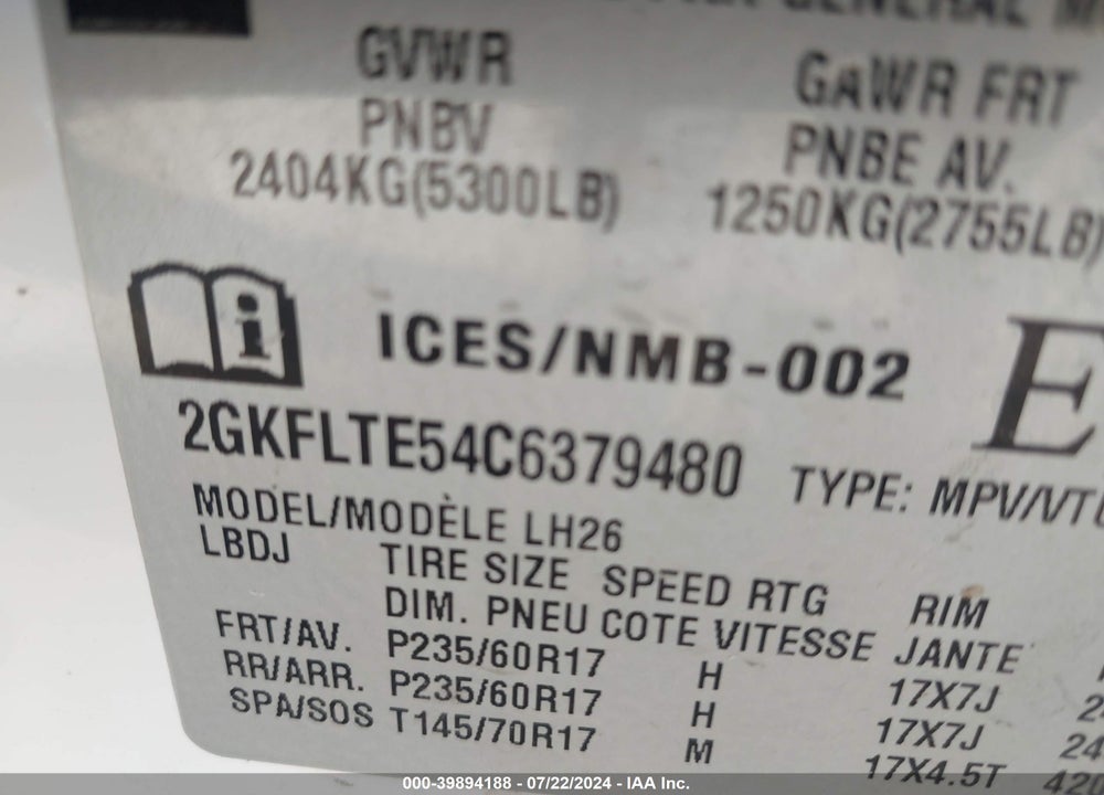 2012 GMC TERRAIN SLE-2 VIN: 2GKFLTE54C6379480
