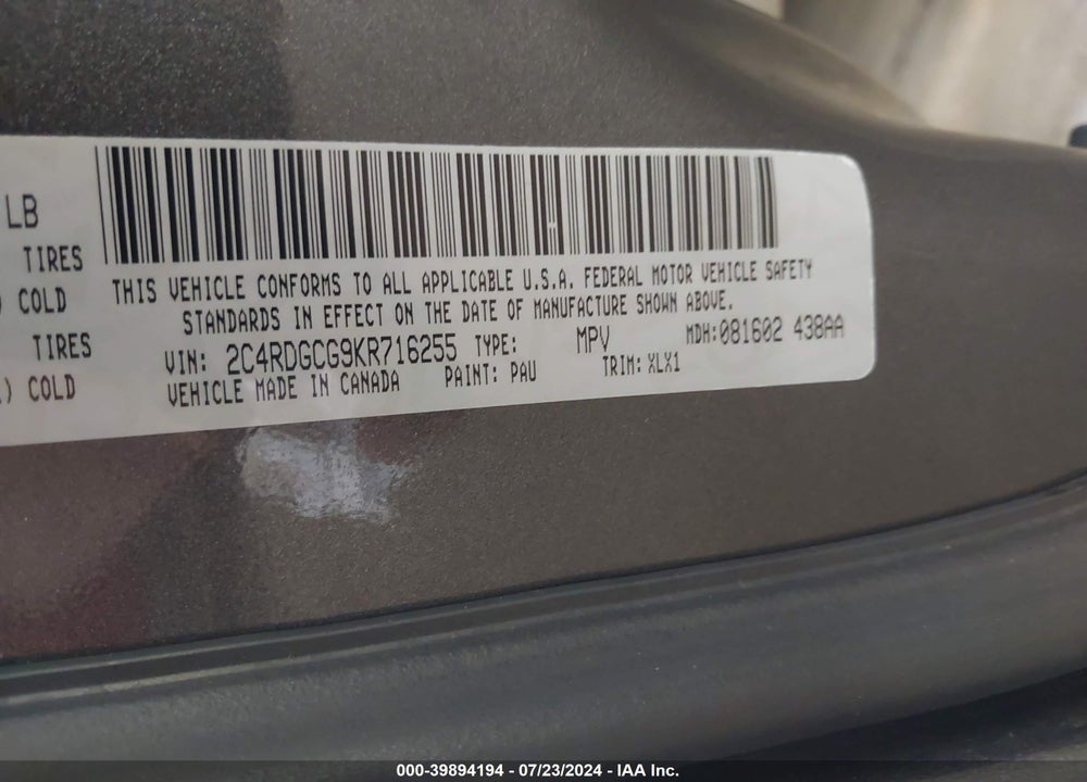 2019 DODGE GRAND CARAVAN SXT VIN: 2C4RDGCG9KR716255