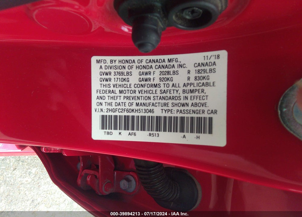 2019 HONDA CIVIC LX VIN: 2HGFC2F60KH513046