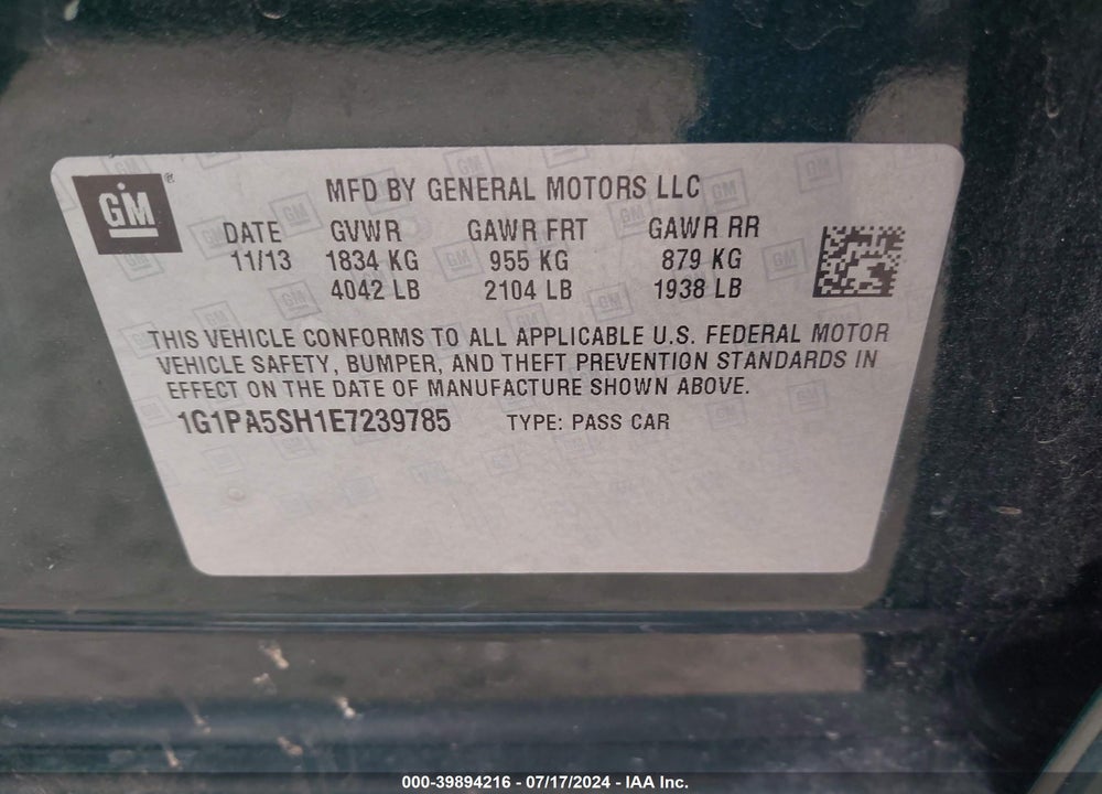 2014 CHEVROLET CRUZE LS AUTO VIN: 1G1PA5SH1E7239785