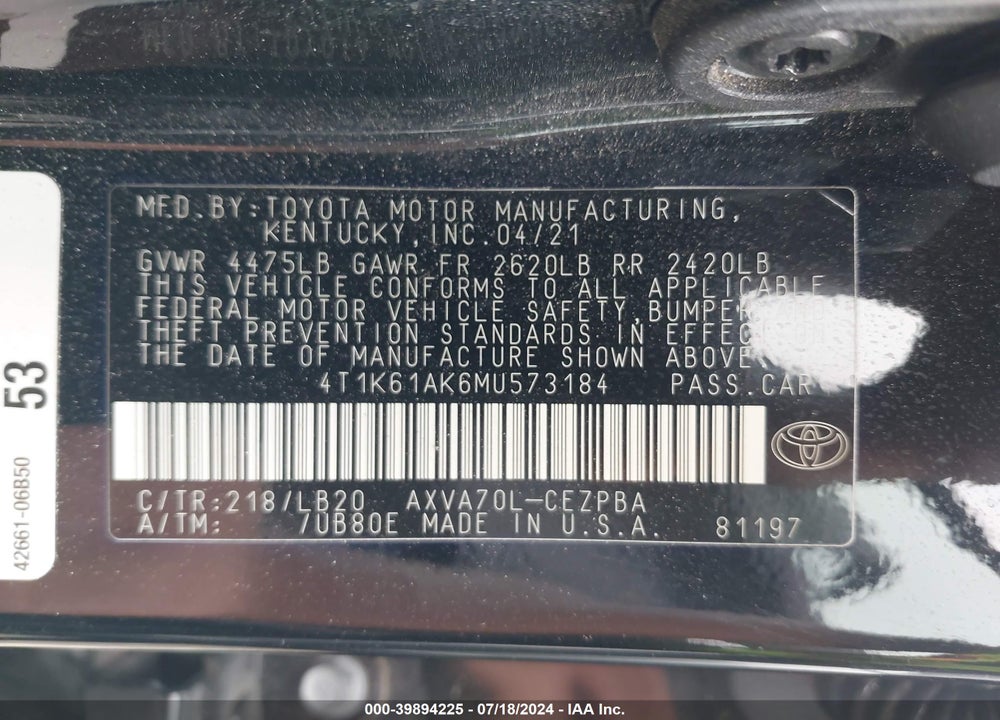 2021 TOYOTA CAMRY VIN: 4T1K61AK6MU573184
