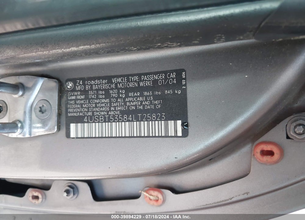 2004 BMW Z4 3.0I VIN: 4USBT53584LT25823