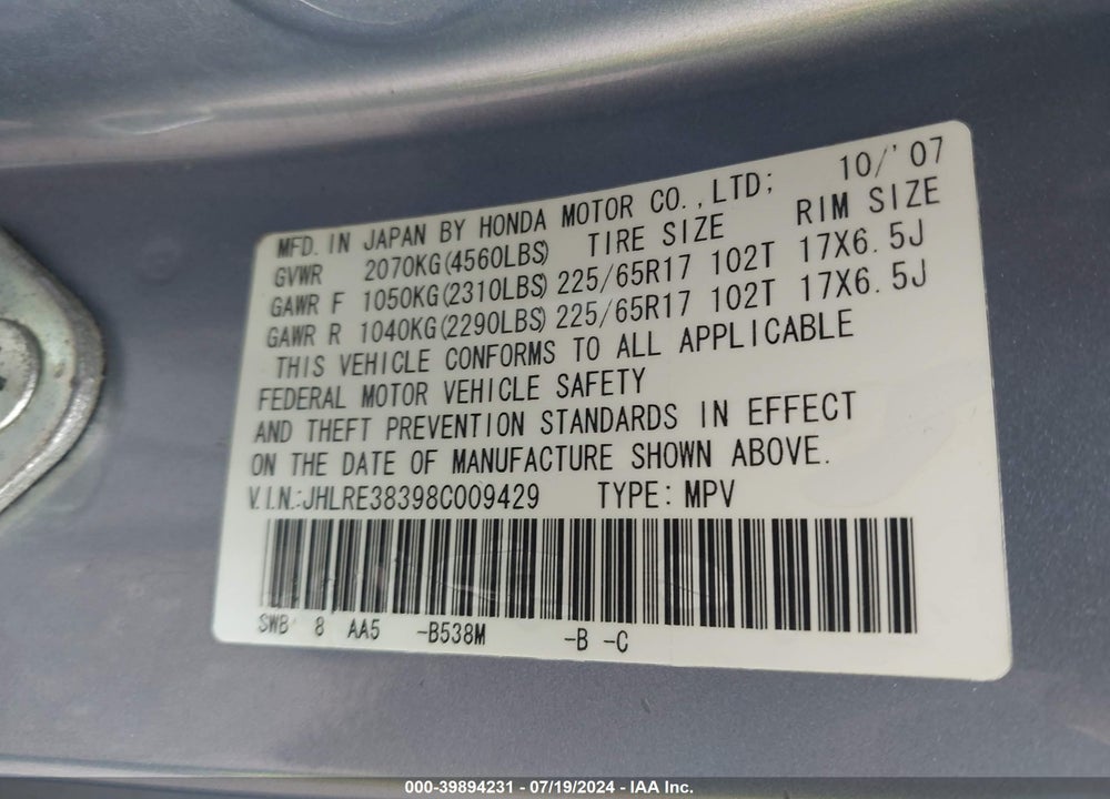 2008 HONDA CR-V LX VIN: JHLRE38398C009429
