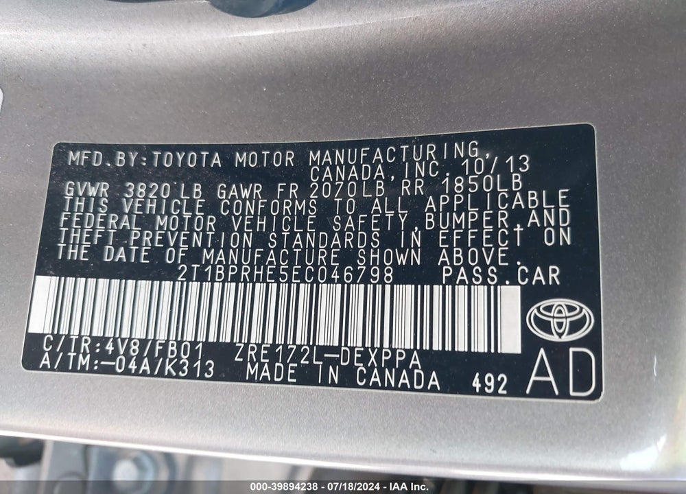 2014 TOYOTA COROLLA LE ECO PLUS VIN: 2T1BPRHE5EC046798
