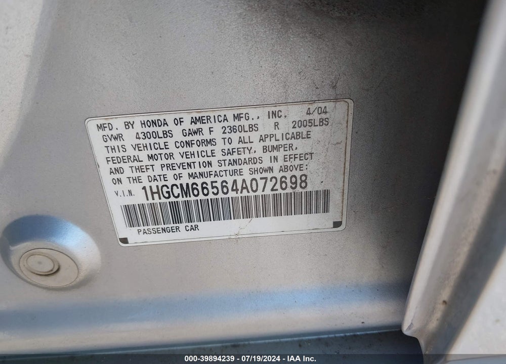 2004 HONDA ACCORD 3.0 EX VIN: 1HGCM66564A072698