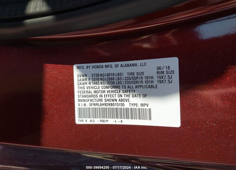 2019 HONDA ODYSSEY ELITE VIN: 5FNRL6H92KB015155