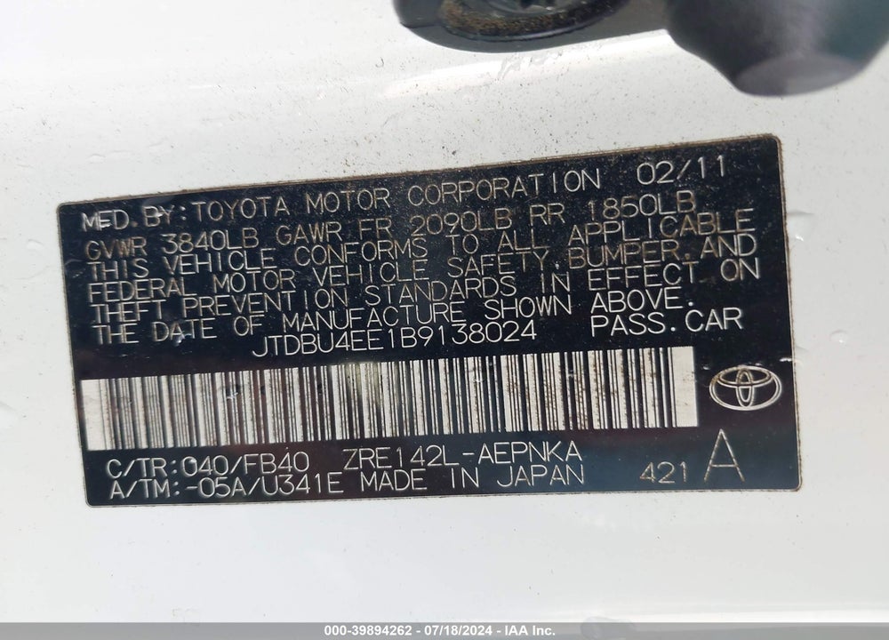 2011 TOYOTA COROLLA LE VIN: JTDBU4EE1B9138024