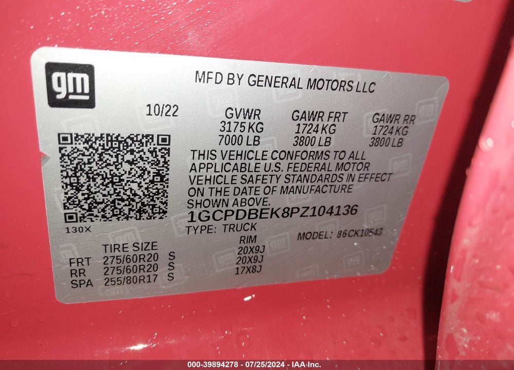 2023 CHEVROLET SILVERADO 1500 4WD SHORT BED CUSTOM VIN: 1GCPDBEK8PZ104136