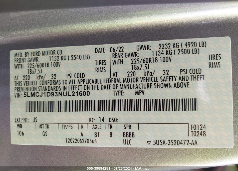 2022 LINCOLN CORSAIR STANDARD VIN: 5LMCJ1D93NUL21600
