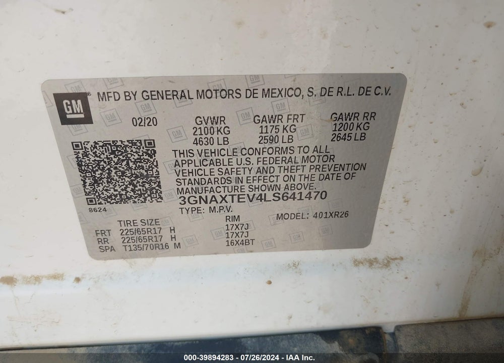 2020 CHEVROLET EQUINOX AWD 2FL VIN: 3GNAXTEV4LS641470