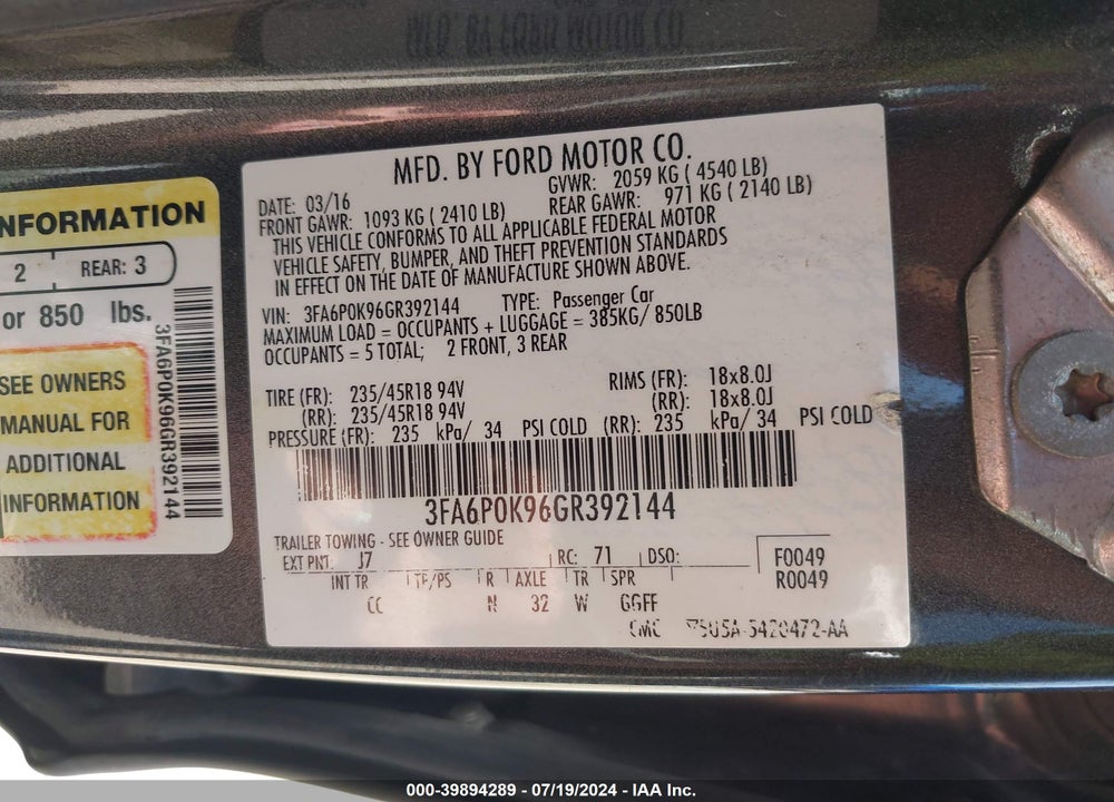 2016 FORD FUSION TITANIUM VIN: 3FA6P0K96GR392144